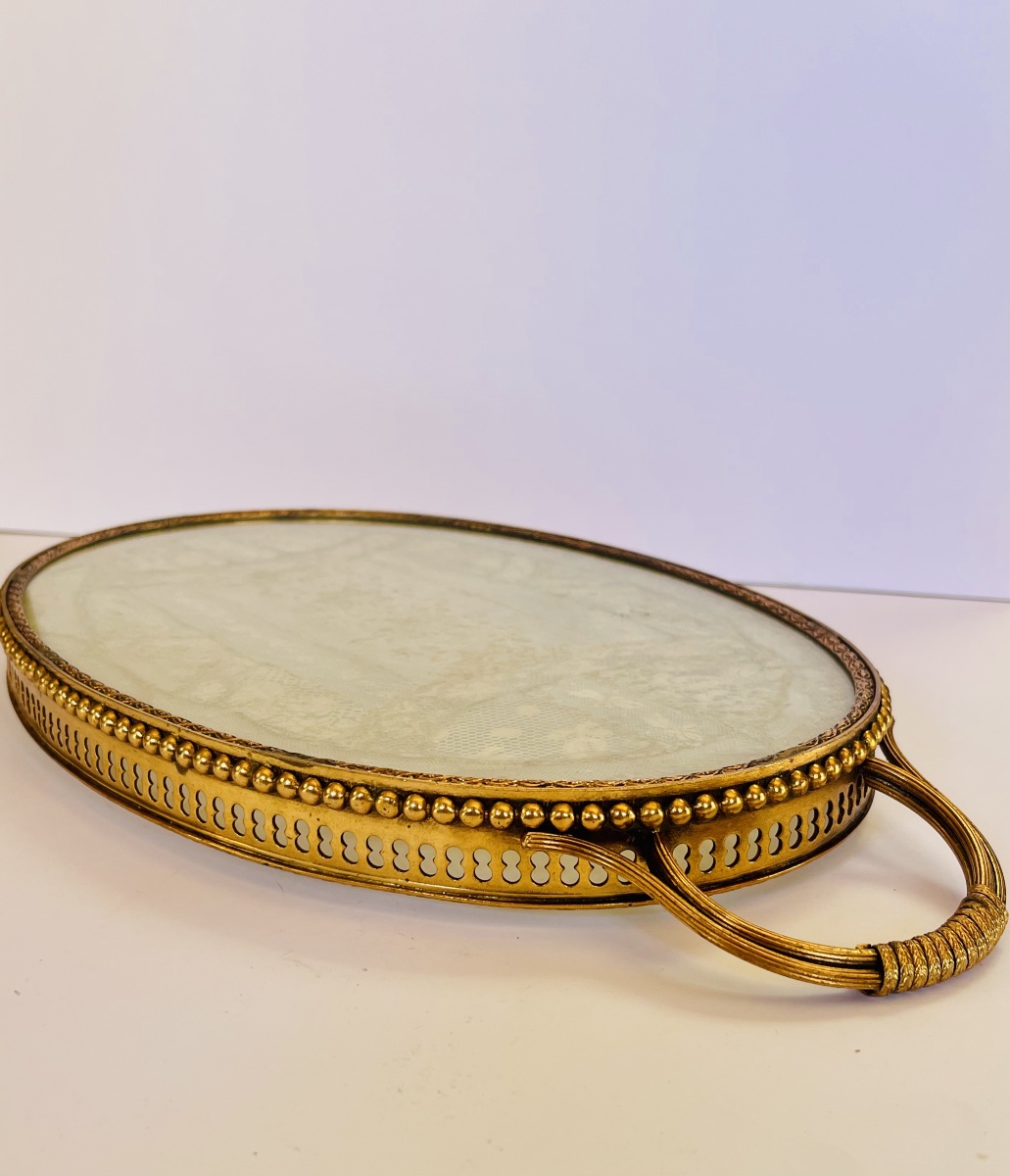 Brass Tray With Embroidery Under Glass -photo-5
